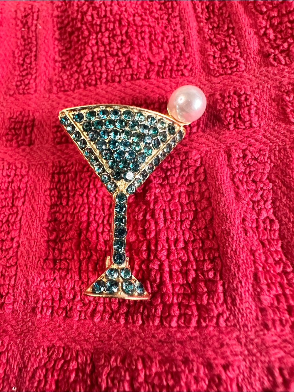 Gold-Tone Blue Crystal Martini Brooch with Pearl Accent